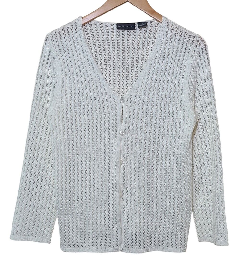 Relativity White Knit/ Crochet Longsleeve Cardigan Acrylic Women's Size Medium